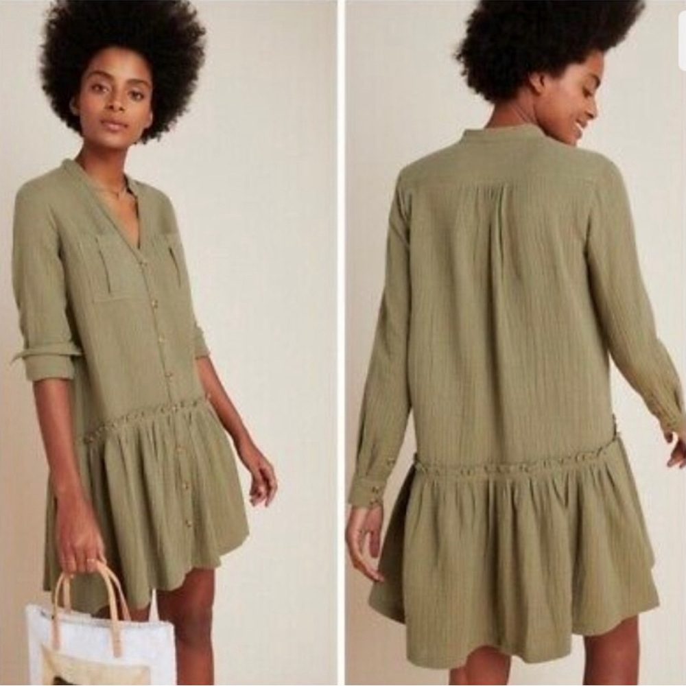 Anthropologie Maeve Katie Textured Utility Button Front Tunic Dress Moss 4